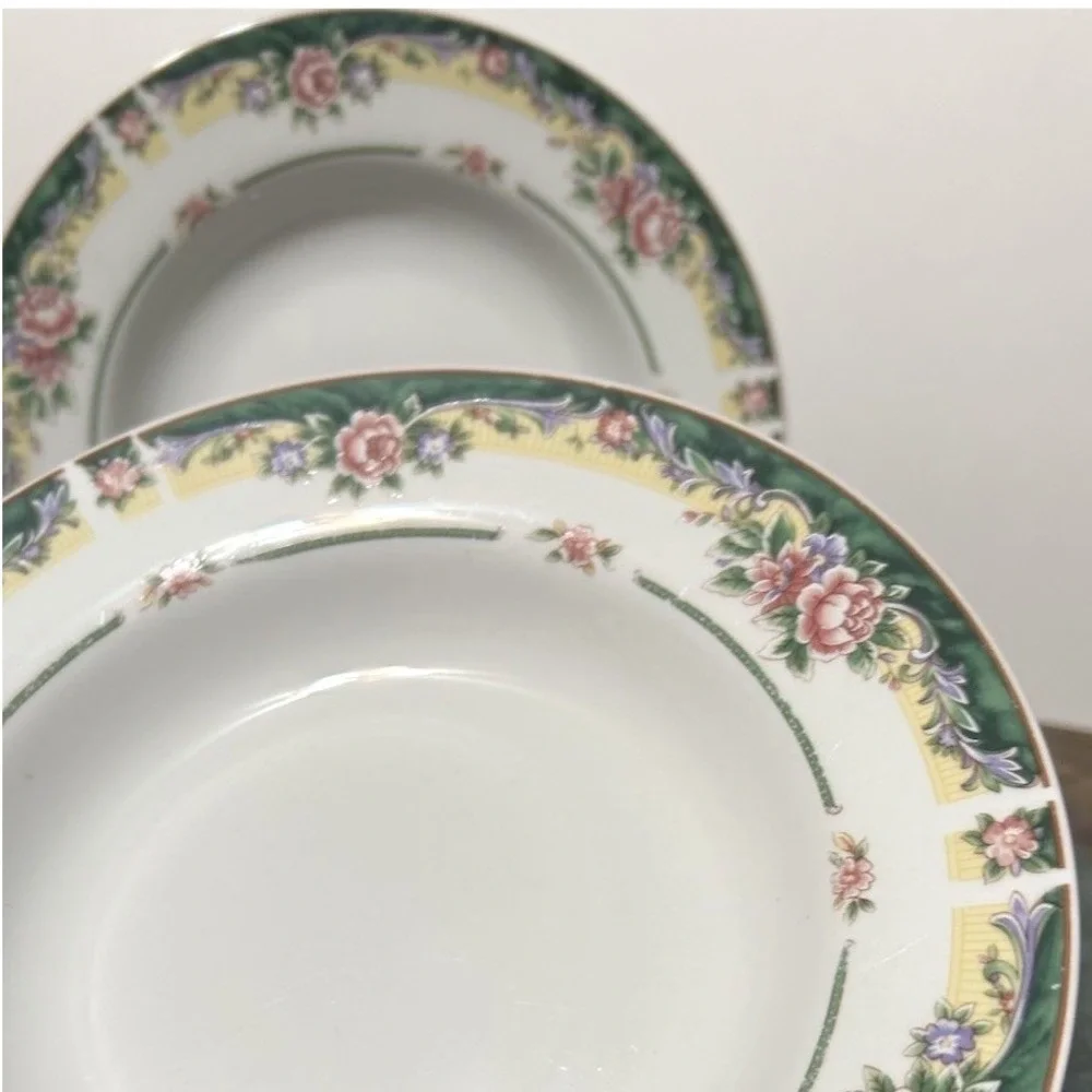 Excel Legend 435 Fine China Soup Bowls Floral Pink Rose Green Rim Set of 3